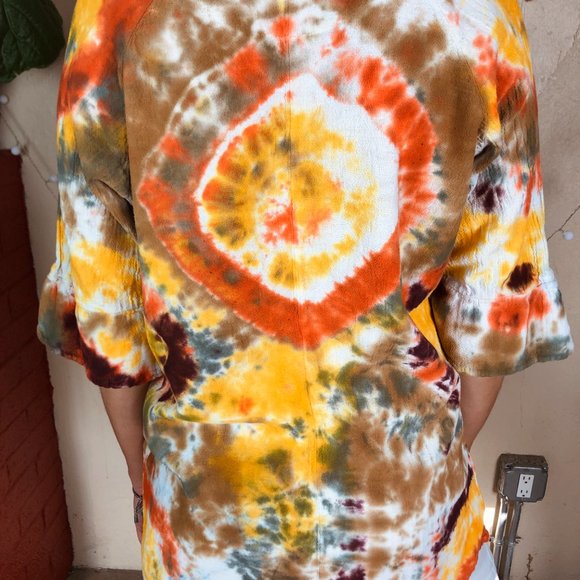 Fall Tone Custom Tie Dye Flare Sleeve Bohemian Peasant 3/4 Sleeve Top - Picture 5 of 10